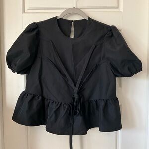 SHEIN Black Peplum Puff-Sleeve Tie-Front Blouse